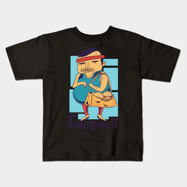 Crushing It, anti-fitness, foodie man Kids T-Shirt by EquilibriumArt